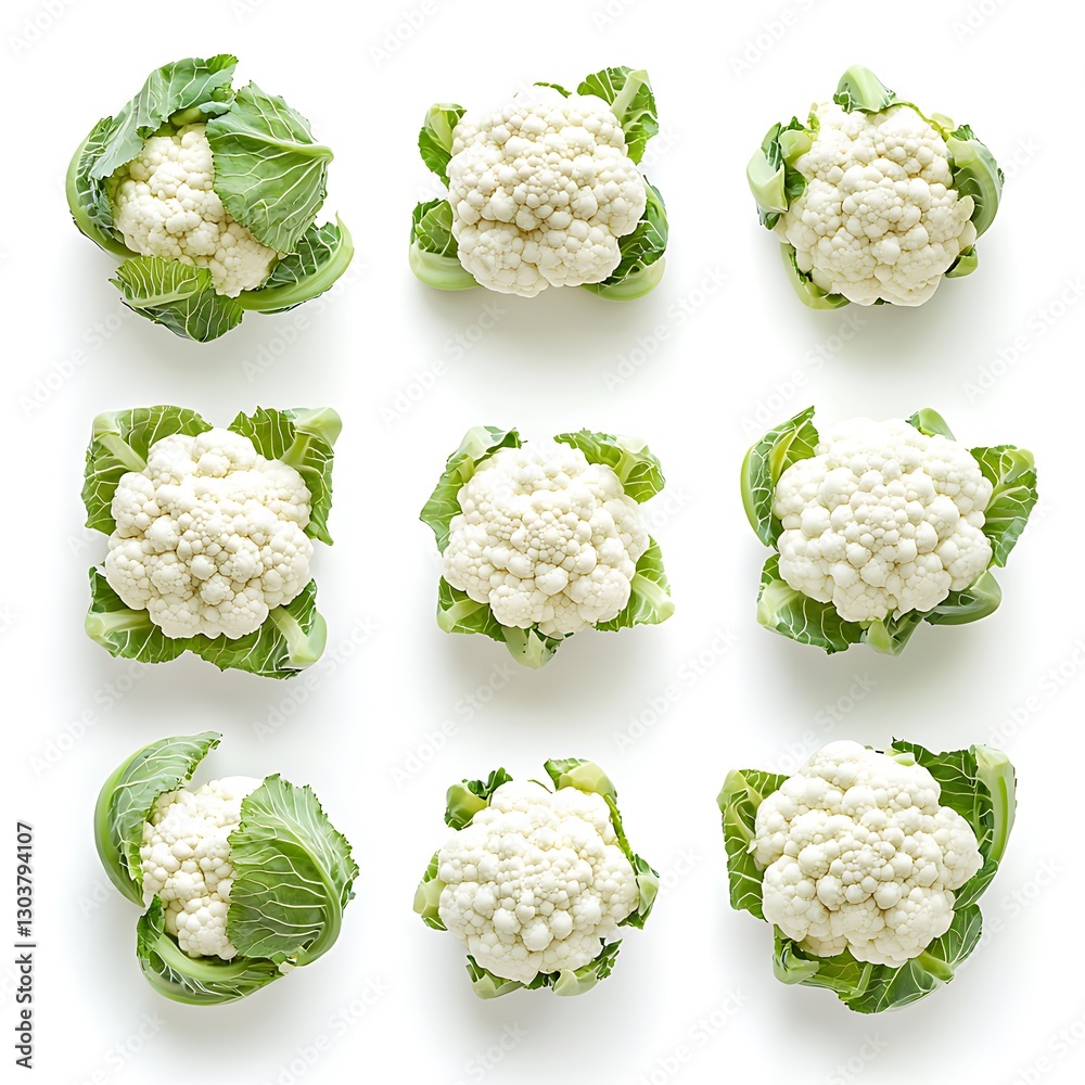 Cauliflowers arranged in a top-view collection, showcasing their intricate florets and fresh appearance The cauliflowers are isolated on white background