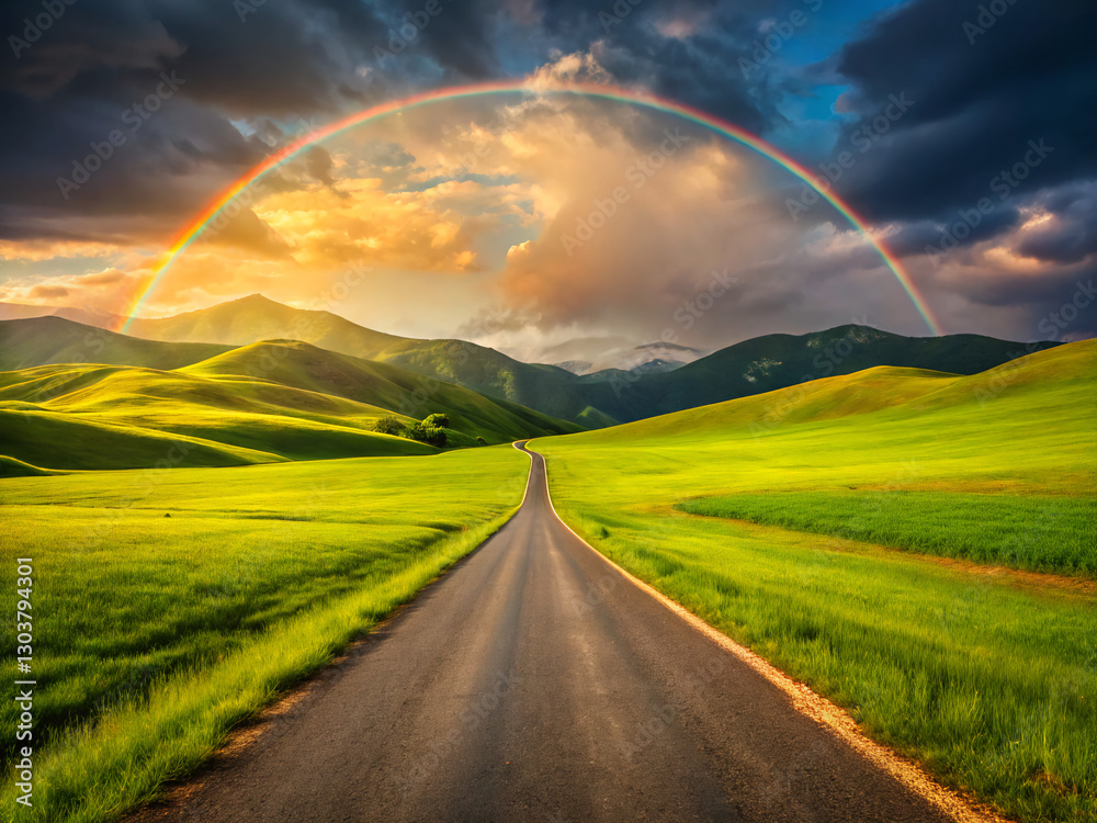 Obraz premium landscape with rainbow. rainbow, sky, landscape, field, nature, road, clouds, grass, rain, meadow, cloud, storm, summer, green, weather, countryside, horizon, sun, spring, rural, farm, tree, sunset, e