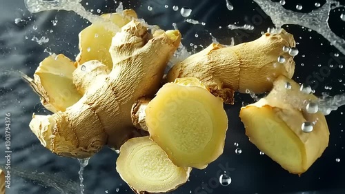 Fresh ginger root splashing in water, highlighting its texture and freshness.