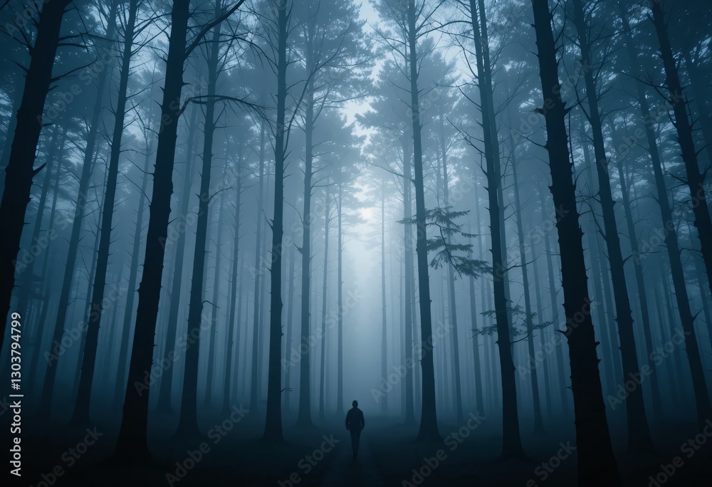 Naklejka premium Solitary Journey In Mystic Forest. Foggy Woods Pathway. Individual Walking Alone. Peaceful Nature Scene. Towering Trees In Mist. Contemplation And Serenity. Forest Exploration Scene.