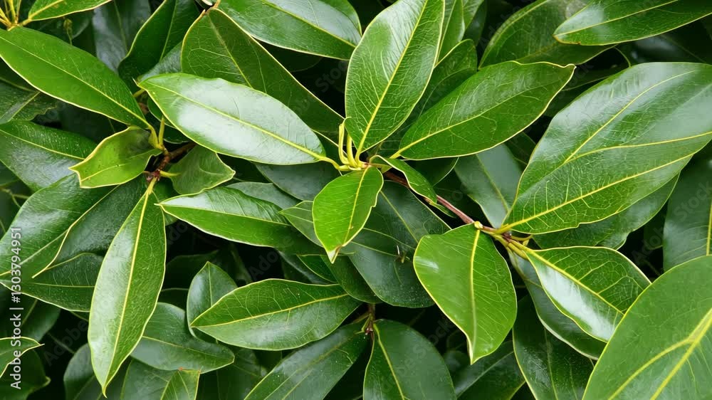 Bright green leaves with glossy surfaces adorned by subtle yellow veins in a lush garden setting during daytime Bright green leaves with glossy surfaces adorned by subtle yellow veins in a lush garden setting during daytime