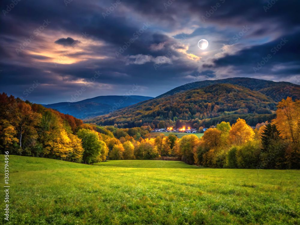 Obraz premium autumn landscape in the mountains. landscape, sky, nature, grass, mountain, field, summer, tree, green, clouds, forest, meadow, cloud, mountains, hill, countryside, sunset, view, autumn, sun, panorama