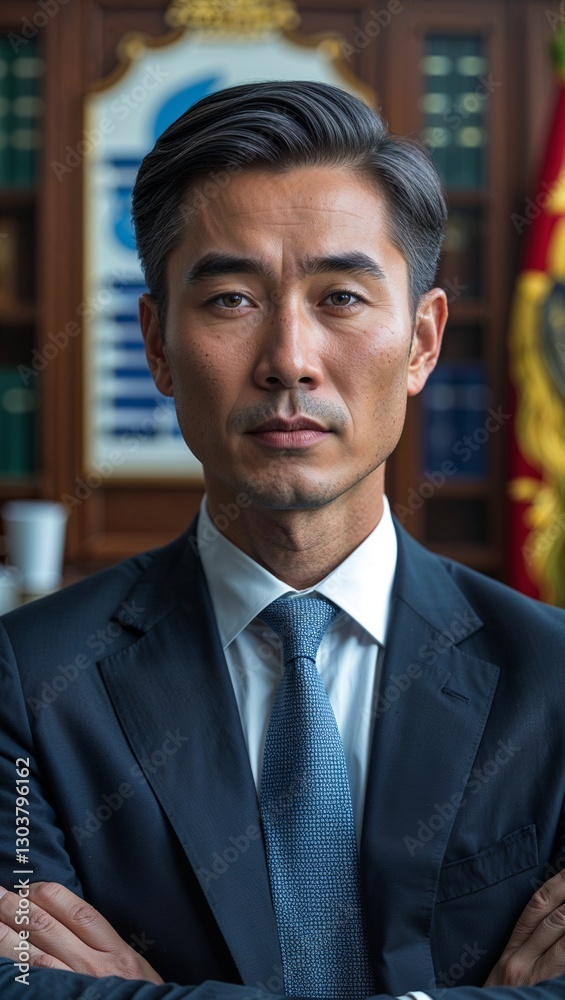 Fototapeta premium Asian middle aged guy politician inside government office background