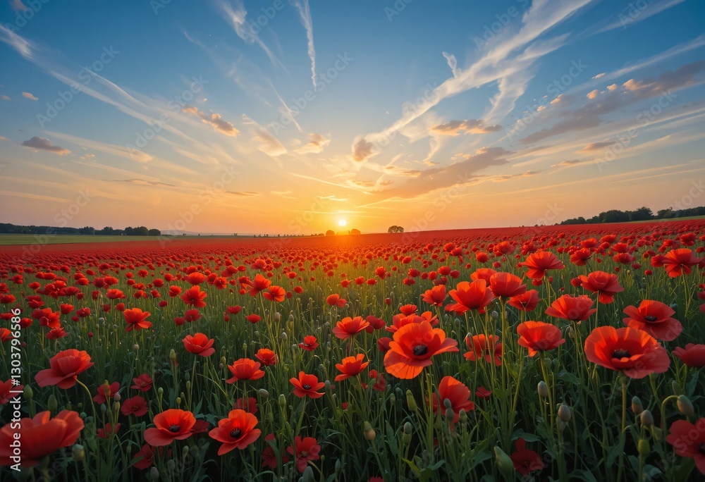 Poppy Field At Sunset. Red Flowers, Blue And Orange Sky. Golden Hour. Tranquil Landscape. Natural Beauty. Scenic Vista. Peaceful, Calming Scene. Nature Photography. Poppy Field At Sunset. Red Flowers, Blue And Orange Sky. Golden Hour. Tranquil Landscape. Natural Beauty. Scenic Vista. Peaceful, Calming Scene. Nature Photography.