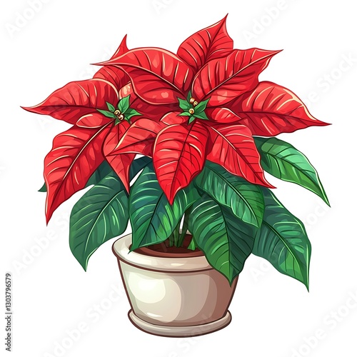 Christmas poinsettia in a pot, showcasing vibrant red petals and green leaves, isolated on white background