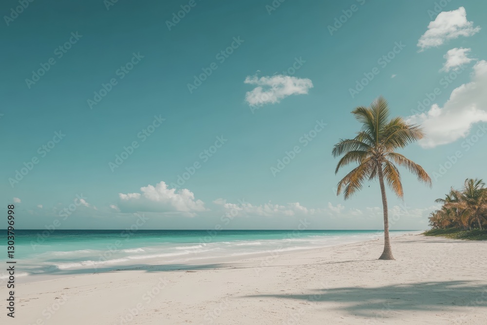 Obraz premium Palm tree standing on tropical white sand beach with turquoise water