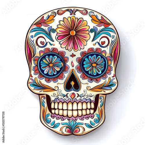 Cinco de Mayo sugar skull, decorated with vibrant colors and intricate details, isolated on white background