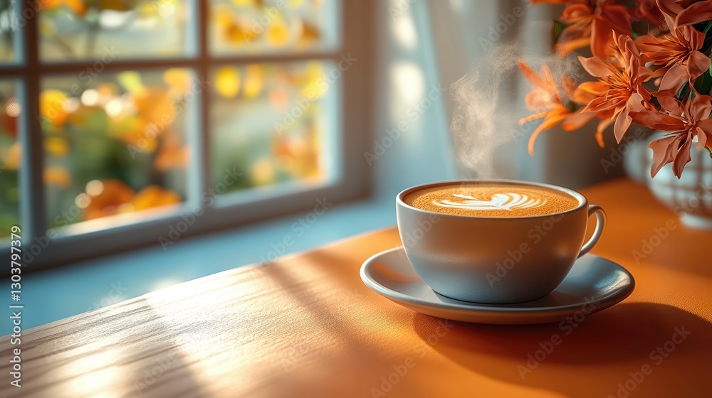 Fototapeta premium This is a sentimental photo of freshly brewed cappuccino in a white teacup on a brown table next to a window with sunlight streaming in.