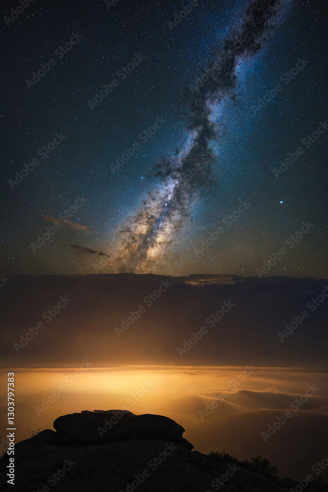 Fototapeta premium breathtaking sunset over majestic mountains beneath a mesmerizing galaxy sky