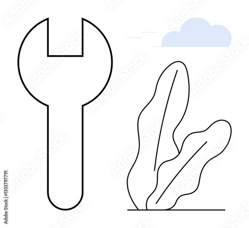 Large outlined wrench adjacent to abstract plant shapes with a faint cloud above. Ideal for eco-friendliness, repair, maintenance, sustainability, balance, innovation, growth. Flat simple metaphor