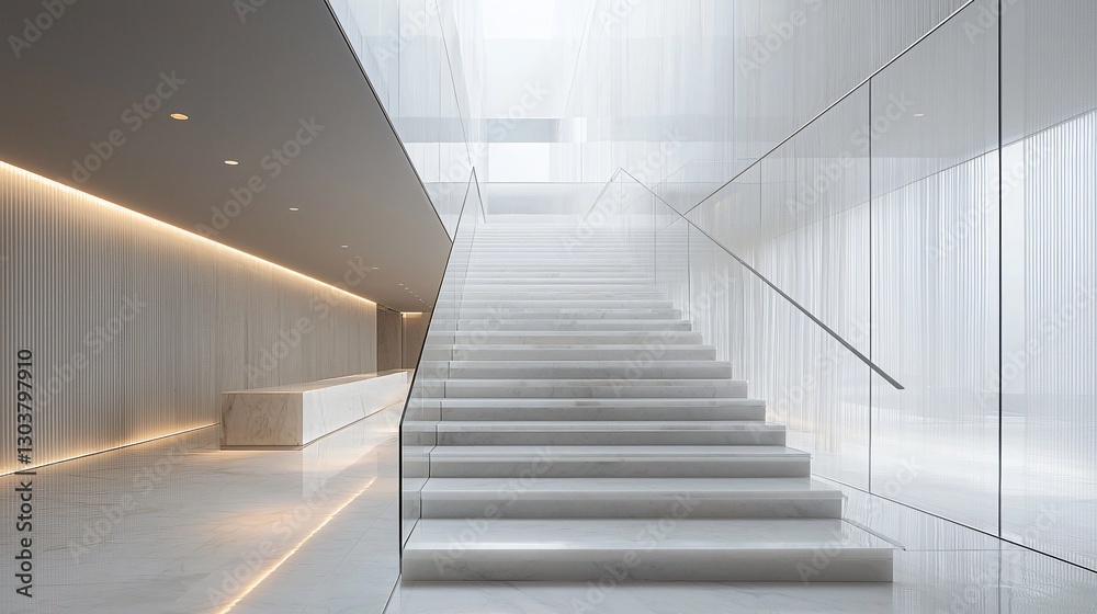 Fototapeta premium Modern Minimalist Staircase Design in Bright Open Space with Glass and Marble Finishes