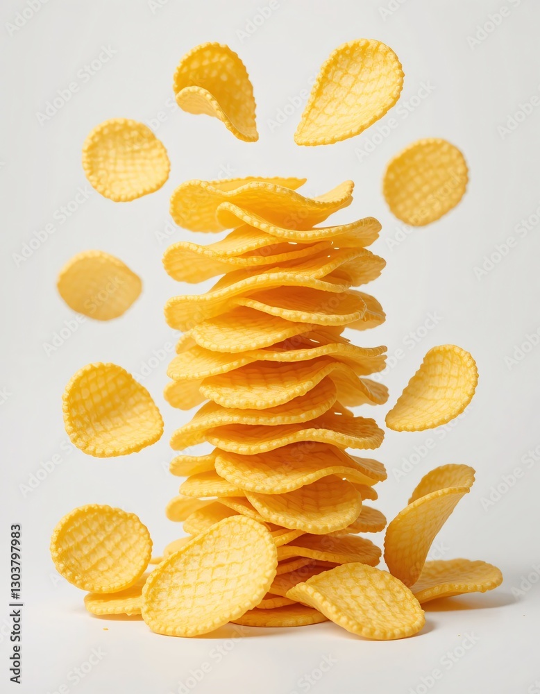 Waffle Cones Tower. Golden Stack Against White. Sweet Treat Delights. Airy Composition. Detailed Texture Showcase. Food Photography. Inviting Dessert Presentation. Confectionery Art. Cone Perfection.
