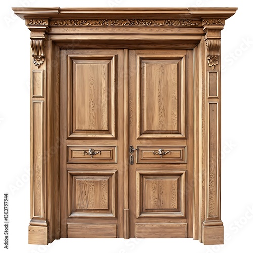 Closed wooden doors with elegant designs  isolated to highlight their clean lines and craftsmanship The doors are isolated on white background