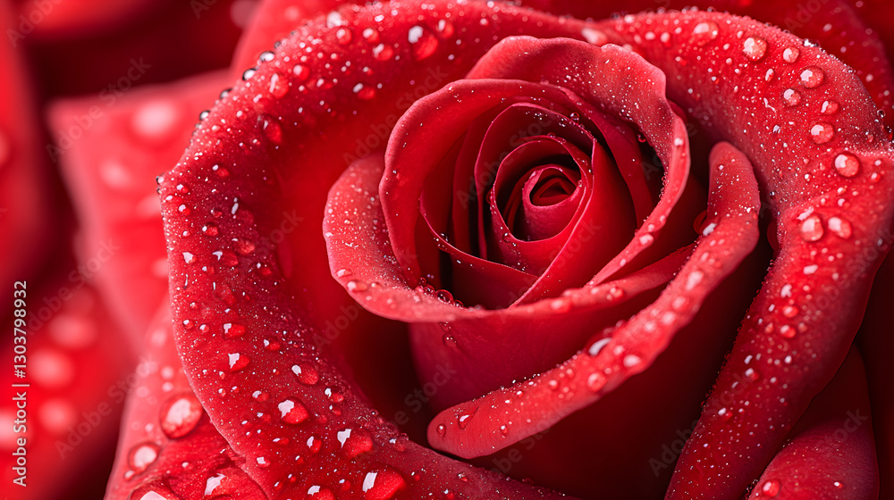 A close-up view capturing the exquisite beauty of a vibrant red rose adorned with glistening dew drops, set against a soft backdrop, evoking feelings of love and freshness. A close-up view capturing the exquisite beauty of a vibrant red rose adorned with glistening dew drops, set against a soft backdrop, evoking feelings of love and freshness.
