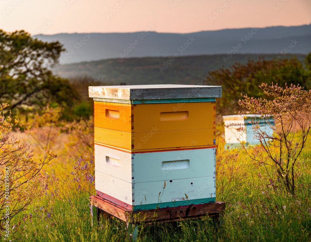 A colorful wooden beehive stands in a lush meadow surrounded by wildflowers, with mountains in the background during sunset. A colorful wooden beehive stands in a lush meadow surrounded by wildflowers, with mountains in the background during sunset.
