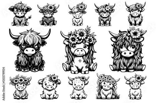 Cow Highland Cute Headband Baby Girl Gift DIY Doodle Clipart Silhouette