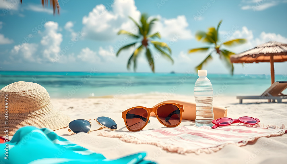 Tropical beach with sunbathing accessories, summer holiday background Tropical beach with sunbathing accessories, summer holiday background