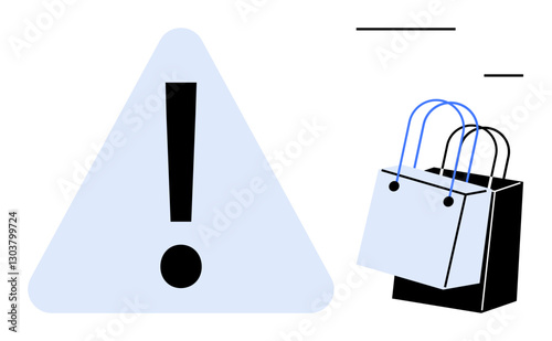 Exclamation inside triangle symbol adjacent to shopping bags, concept of alert regarding shopping. Ideal for consumer awareness, safety messages, online shopping caution, retail alerts, risks