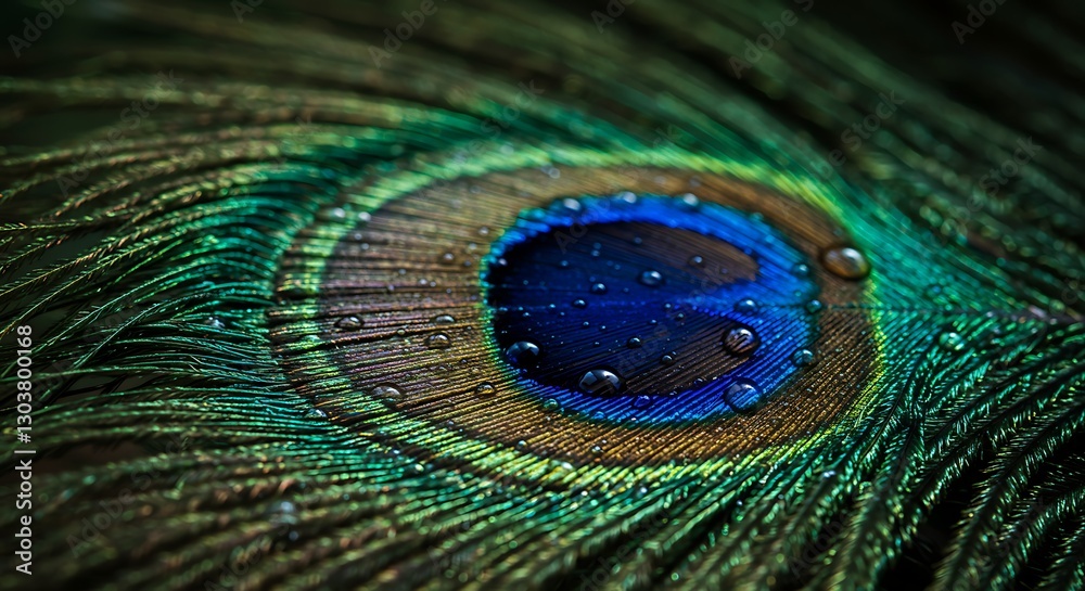 Fototapeta premium Peacock Feather Close-up with Water Droplets Displaying Vibrant Colors