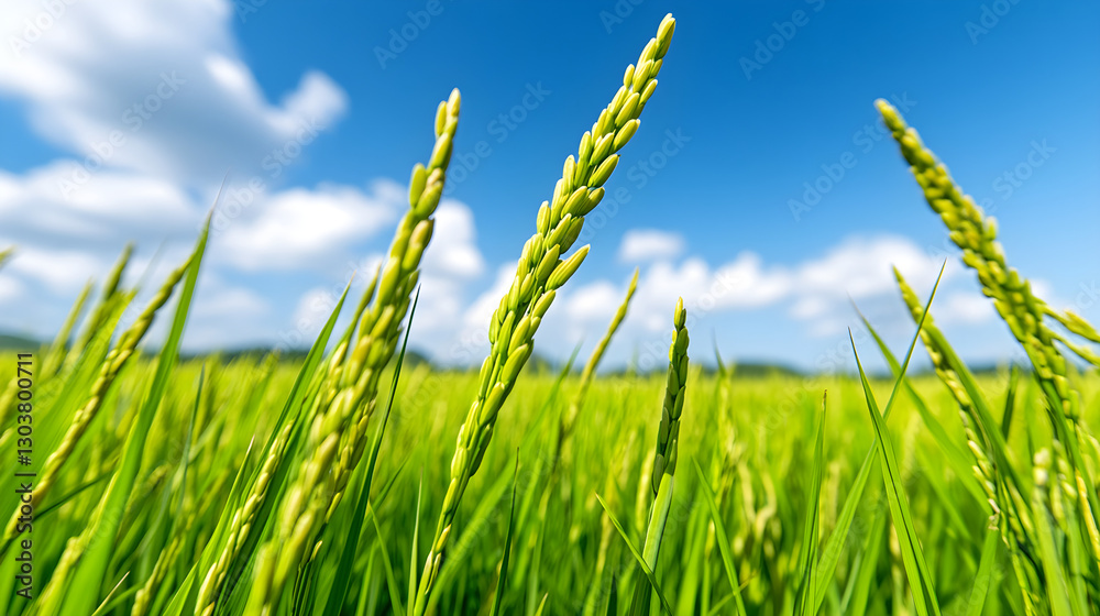 Obraz premium A Serene Landscape of Golden Rice Stalks Gently Swaying in the Breeze Underneath a Vast Blue Sky at Dusk, Evoking Peacefulness and Natural Beauty