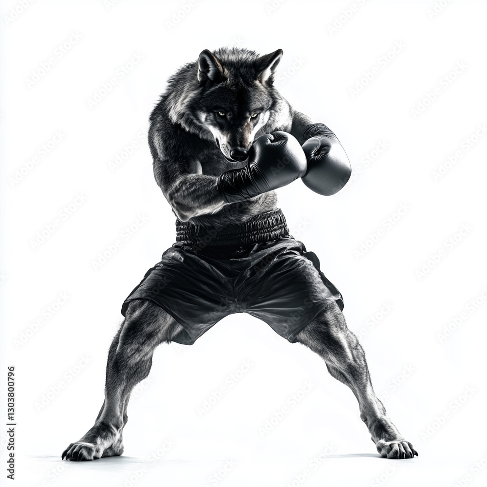 Fototapeta premium Wolf plays kick boxing isolated on white background Generative ai