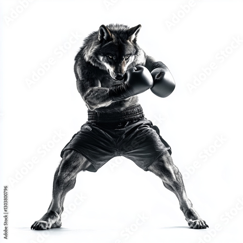 Wolf plays kick boxing isolated on white background Generative ai