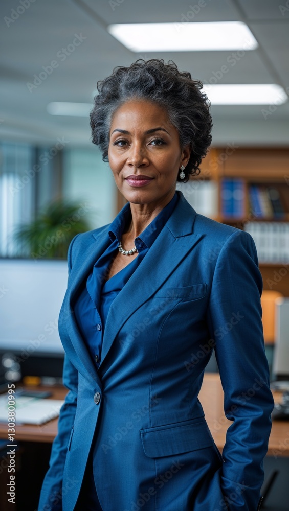 Fototapeta premium black African middle aged woman in blue formal suit whole body portrait in office background