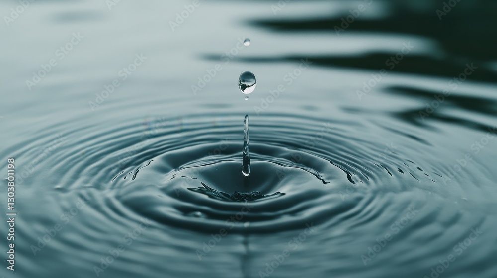 Close-Up of Water Droplet Falling into Calm Surface Creating Ripples and Reflections in Nature