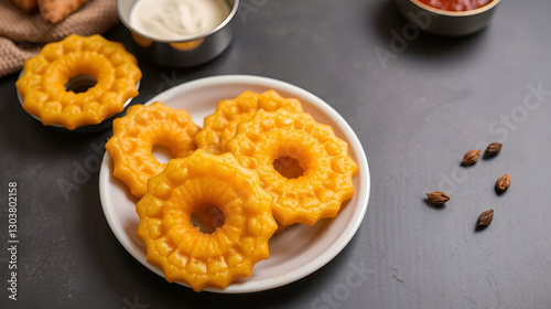 Fafda is a fried crispy crunchy tasty snack made with gram flour, laced with carom seeds and black pepper. It is a popular Gujarati vegan snack. Jalebi is one of the most popular desserts from india. photo