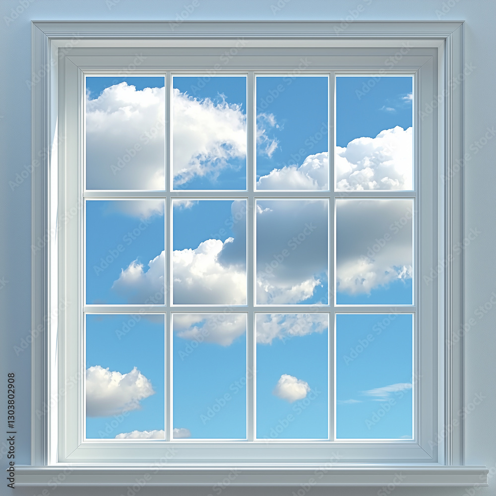 White-framed window with square panes overlooking a bright blue sky with fluffy white clouds, interior design, peaceful home ambiance, architectural feature White-framed window with square panes overlooking a bright blue sky with fluffy white clouds, interior design, peaceful home ambiance, architectural feature