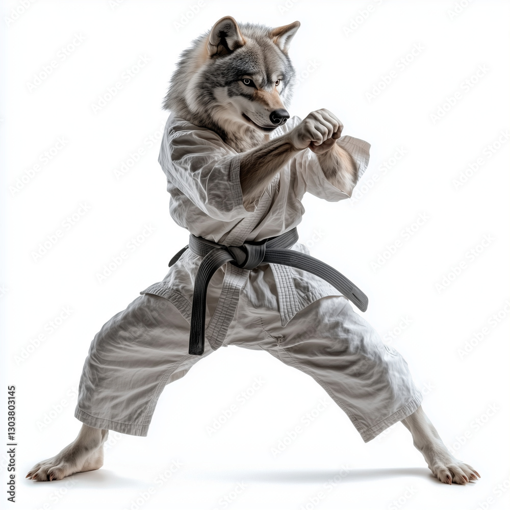 Fototapeta premium Wolf plays karate fighter isolated on white background Generative ai