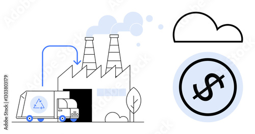 Recycling truck unloading waste at factory emitting smoke through chimneys. Circular economy and profit synergy. Ideal for sustainability, industry efficiency, eco-innovation, waste management, green