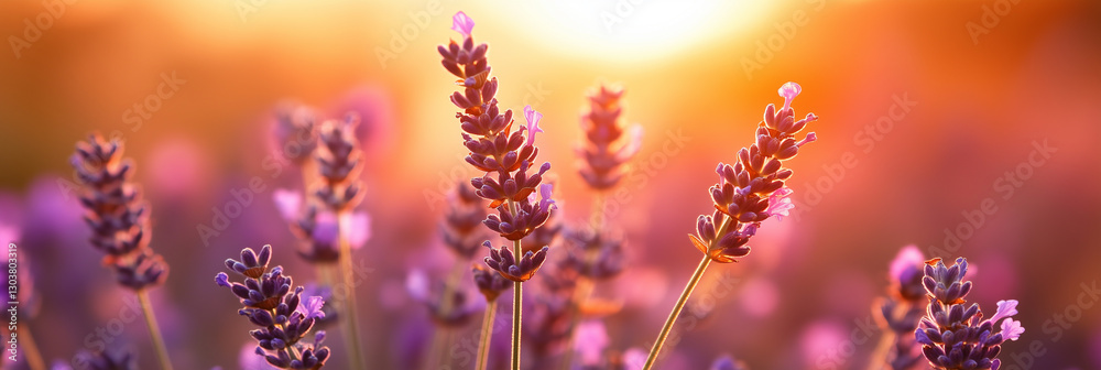 Obraz premium Magical spring evening in a lavender field, the golden sunset casting a warm glow over the vibrant purple flowers
