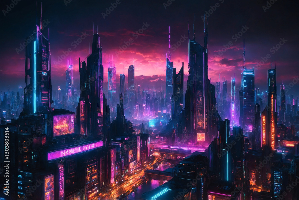 Obraz premium glowing cyberpunk-style cityscape illuminated with vibrant neon lights and futuristic atmosphere