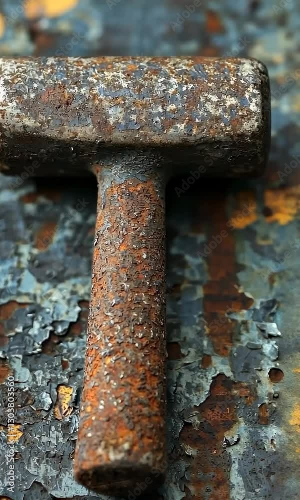 Rusty hammer on weathered metal surface Rusty hammer on weathered metal surface