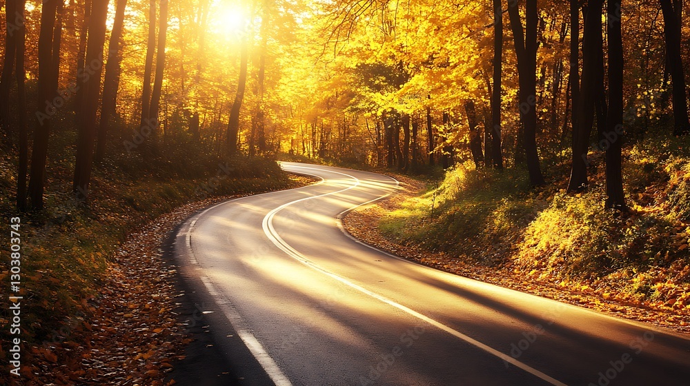 Obraz premium A scenic autumn forest road with golden leaves, capturing the beauty of nature in a tranquil setting.