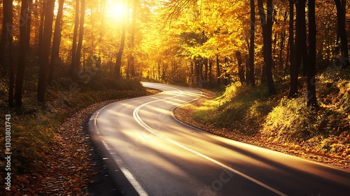 A scenic autumn forest road with golden leaves, capturing the beauty of nature in a tranquil setting.