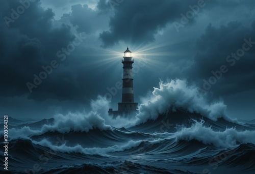 Coastal Sentinel. Guiding Light On The Shore. A Tower Of Hope Piercing Stormy Skies. Ocean Waves Crash Around A Beacon. Dramatic Seascape Creates Tension. Fury At Sea.