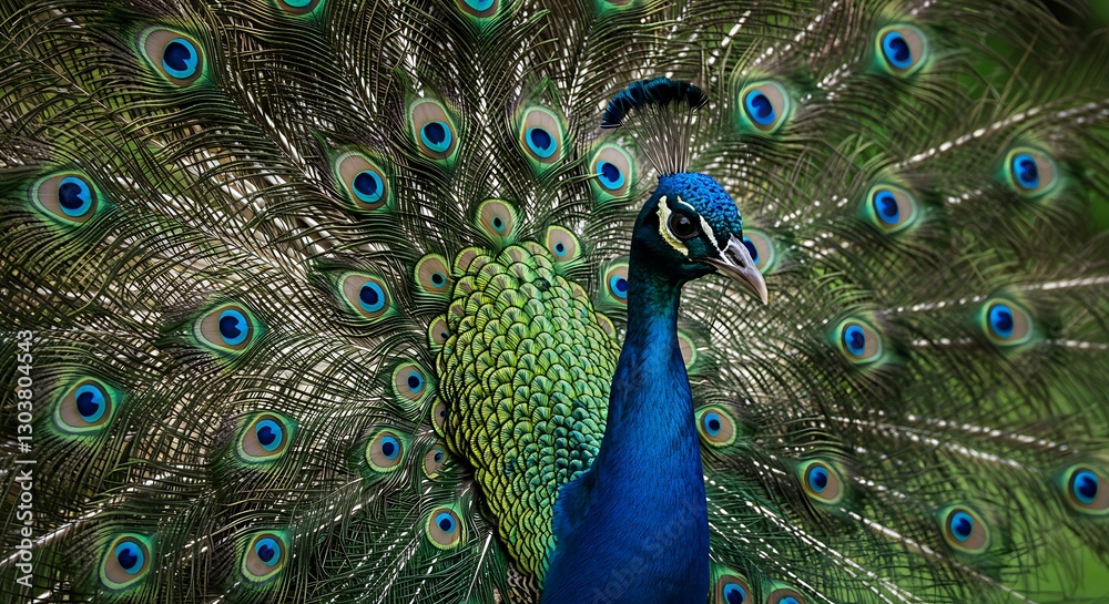 Fototapeta premium Peacock Displaying Feathers in Full Bloom Showing Eye Spots Pattern