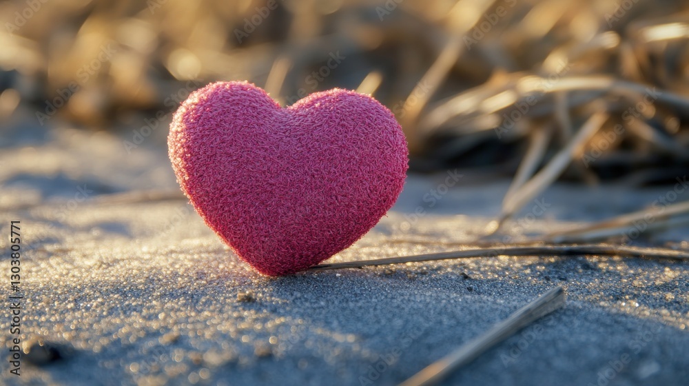 Fototapeta premium Pink heart beach sand sunrise romance Valentine's