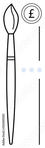 Paintbrush with leaf-shaped bristle next to a pound coin, suggesting creativity and monetary value. Ideal for art, finance, creativity, economy, design, business and simplicity themes. Flat simple