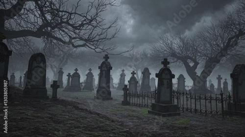 Creepy Horror Cemetery with Old Graves – Weathered Tombstones, Overgrown Grass, and an Eerie Atmosphere Enhanced by Fog and Dim Lighting, Creating a Spooky and Haunting Scene Perfect for Halloween 