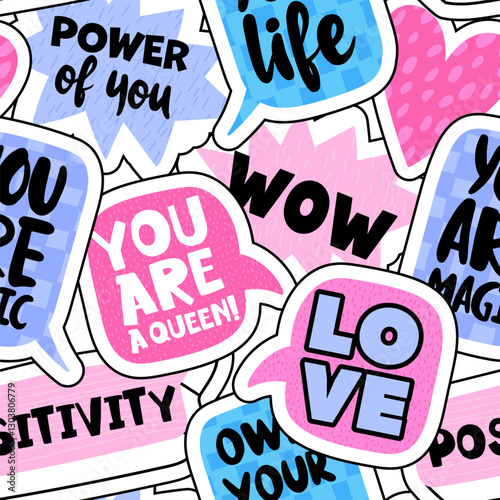 Seamless pattern of sticker with slogans. Bright colorful  Abstract print background for fabric, wrapping, textile, wallpaper, apparel. Vector illustration for teen girl. Funky style