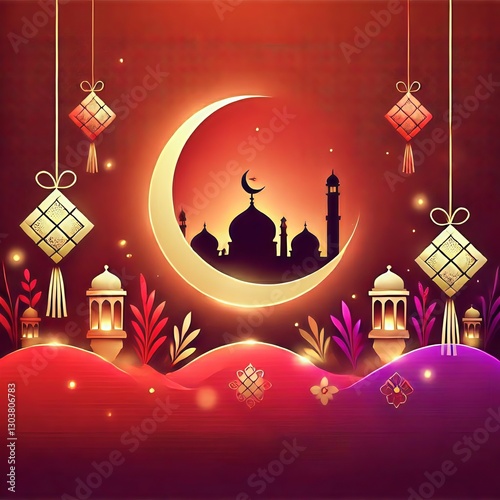 An elegant and harmonious generative AI image of an Islamic design with an Eid theme, displaying nuances of togetherness, blessings, and joy wrapped in a distinctive Islamic aesthetic.
