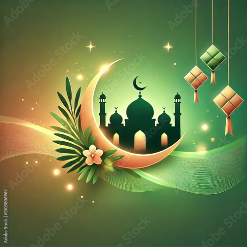 An elegant and harmonious generative AI image of an Islamic design with an Eid theme, displaying nuances of togetherness, blessings, and joy wrapped in a distinctive Islamic aesthetic.
