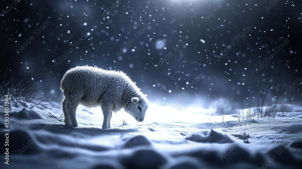 Obraz premium Lamb grazing snowy field, night snowfall, winter scene, Christmas card