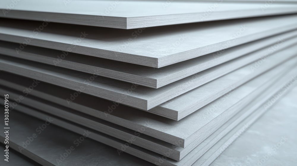 Fototapeta premium Stacked drywall sheets, warehouse, construction, interior, renovation, background blur