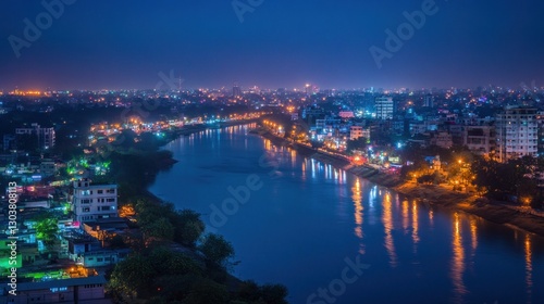 Night city river lightscape, aerial view, cityscape reflection, urban development, travel