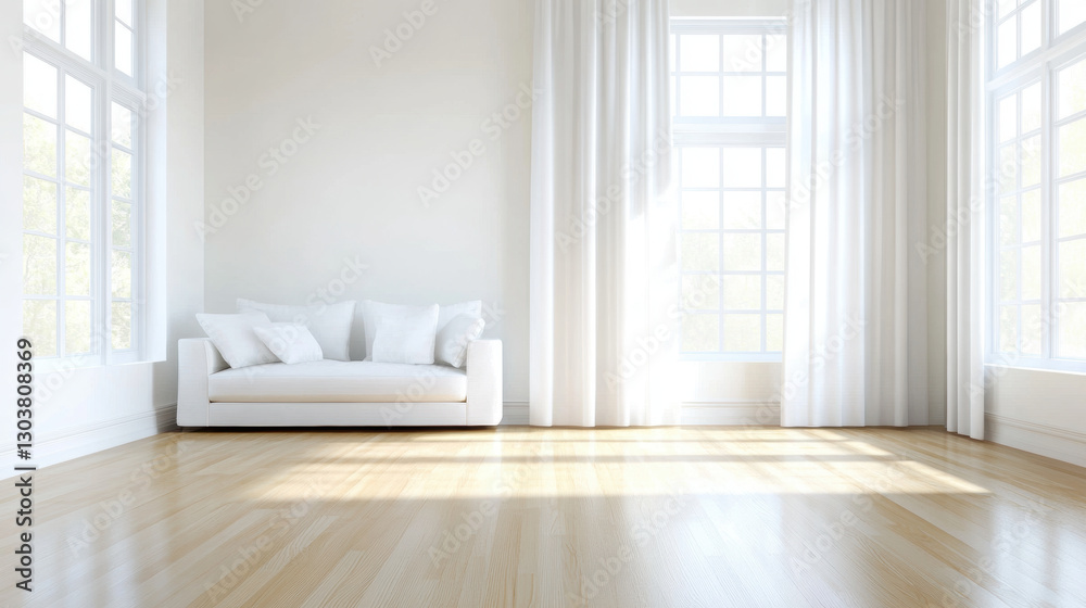 Fototapeta premium serene minimalist living room with neutral tones, featuring white sofa and large windows that allow natural light to fill space