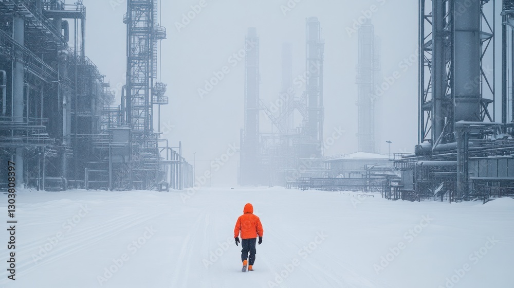 Fototapeta premium Lone worker walks snowy refinery, blizzard background, industrial safety